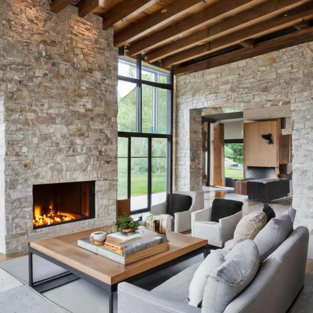 Rustic Stone Hearth with Modern Surround